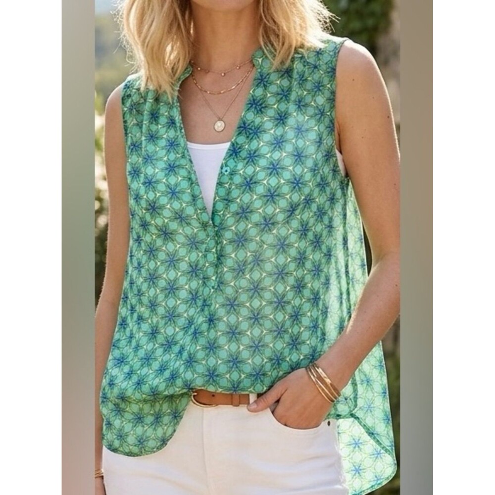 Tacera Teal & Blue Geometric Floral Sleeveless Sheer Split-Neck Top
